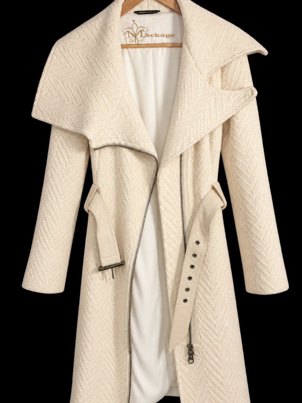 Mackage Ivory Herringbone Wool Belted Coat - Picture 2 of 4